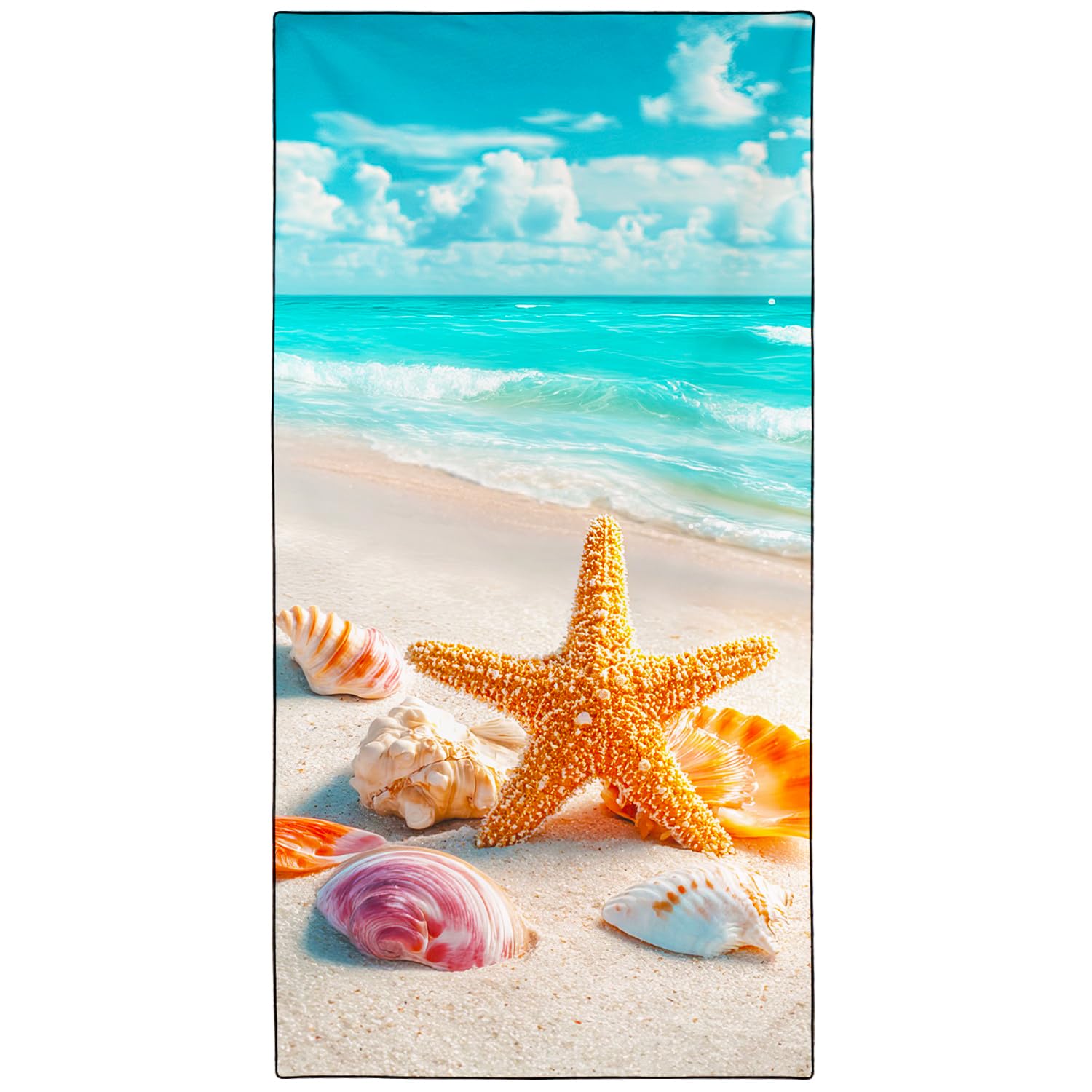 Violetpos Golden Starfish & Shells Beach Towel, Extra Large 180x90 cm 250GSM Microfibre, Sand Free Quick Dry