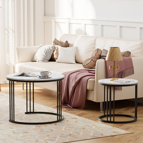 Round Coffee Tables, Set of 2 End Table, Nesting Tables, Side Table with Metal Frame for Living Room/Bedroom/Balcony/Office/Apartment