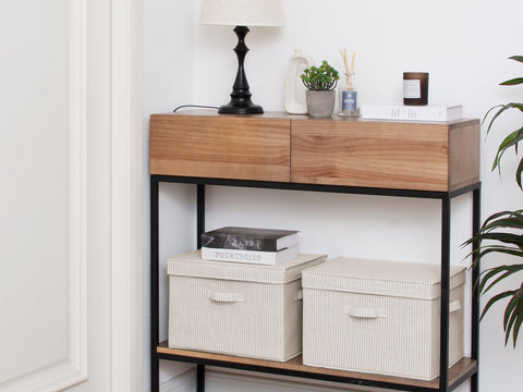 StorageWorks Shelf Storage Boxes with Lids, Decorative Storage Boxes for Shelves, Stackable Baskets with Handles