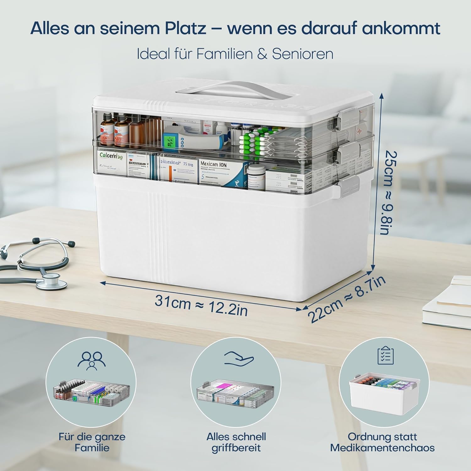 Goevcclei Medicine Storage Box, medicine storage, 3 Layer Medicine Box, medical box, Household Muti Grid Plastic Container Box, Large capacity