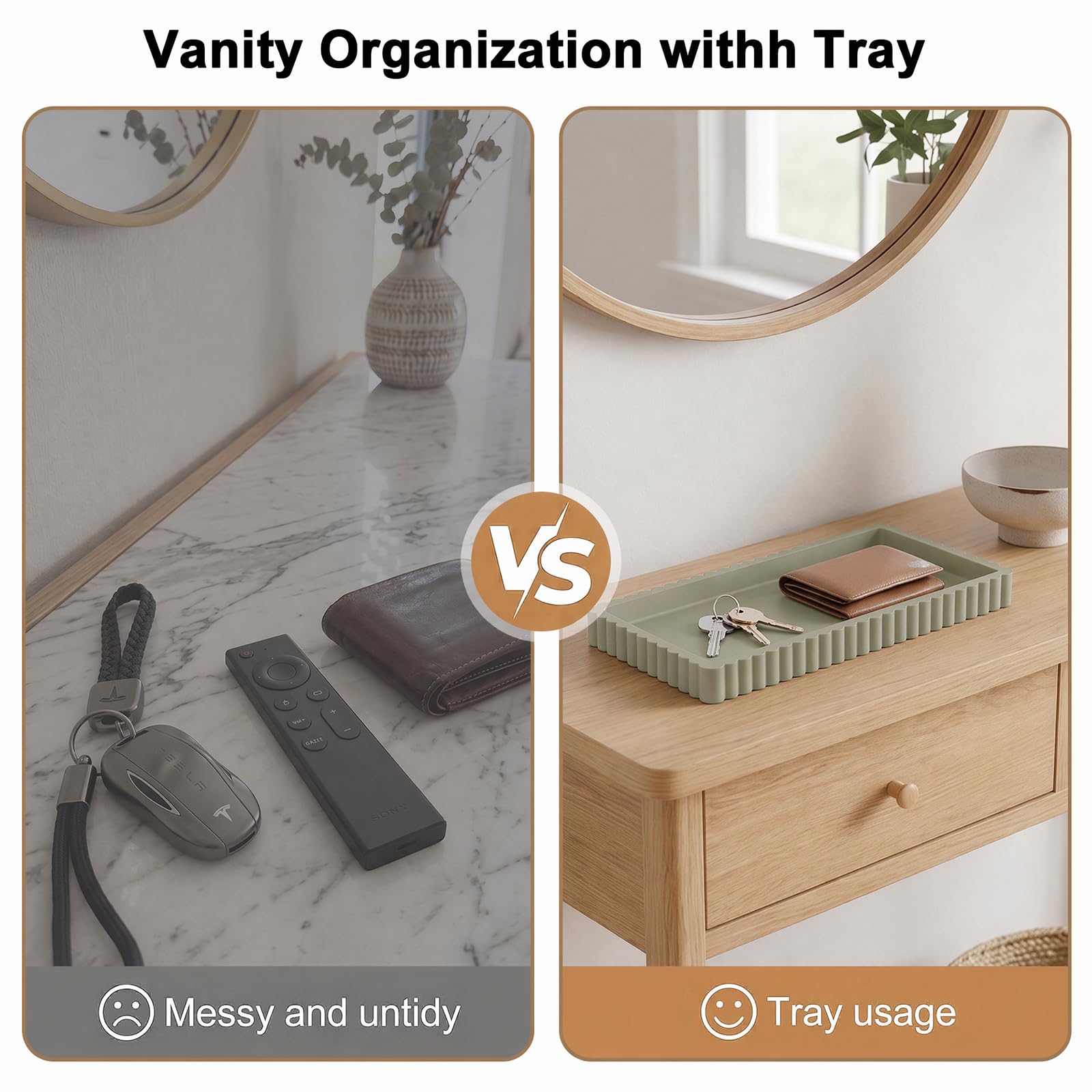 Vanity Tray, Bathroom Tray 24 x 10 cm Toilet Storage Trays, Non-Slip Silicone Decorative Trays