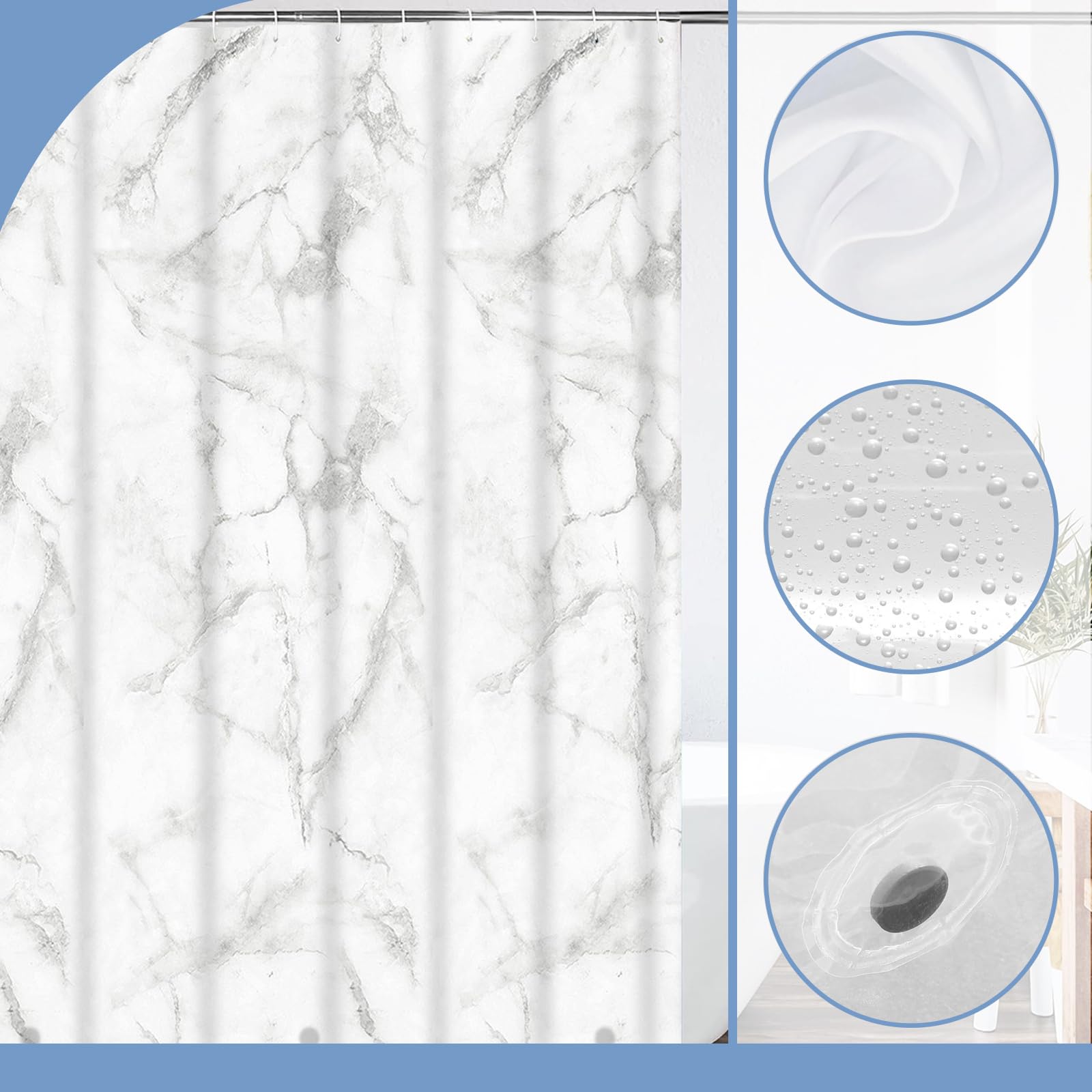 PEVA Shower Curtain 180x180cm,Heavy Duty Plastic Marble Pattern Weighted Shower Curtains Mould Proof Resistant Waterproof Bath Curtains with 12 Hooks