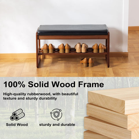 SOBIBO Solid Wood Shoe Bench, 2-Tier Wooden Storage Entryway Bench, Mid-Century Modern Shoe Bench Rack
