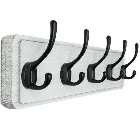 SKOLOO Farmhouse Style Wall Mounted Coat Rack, Pine Solid Wood Coat Hook Hanger - 5 Hooks for Hanging Clothes Robes Towels Coats