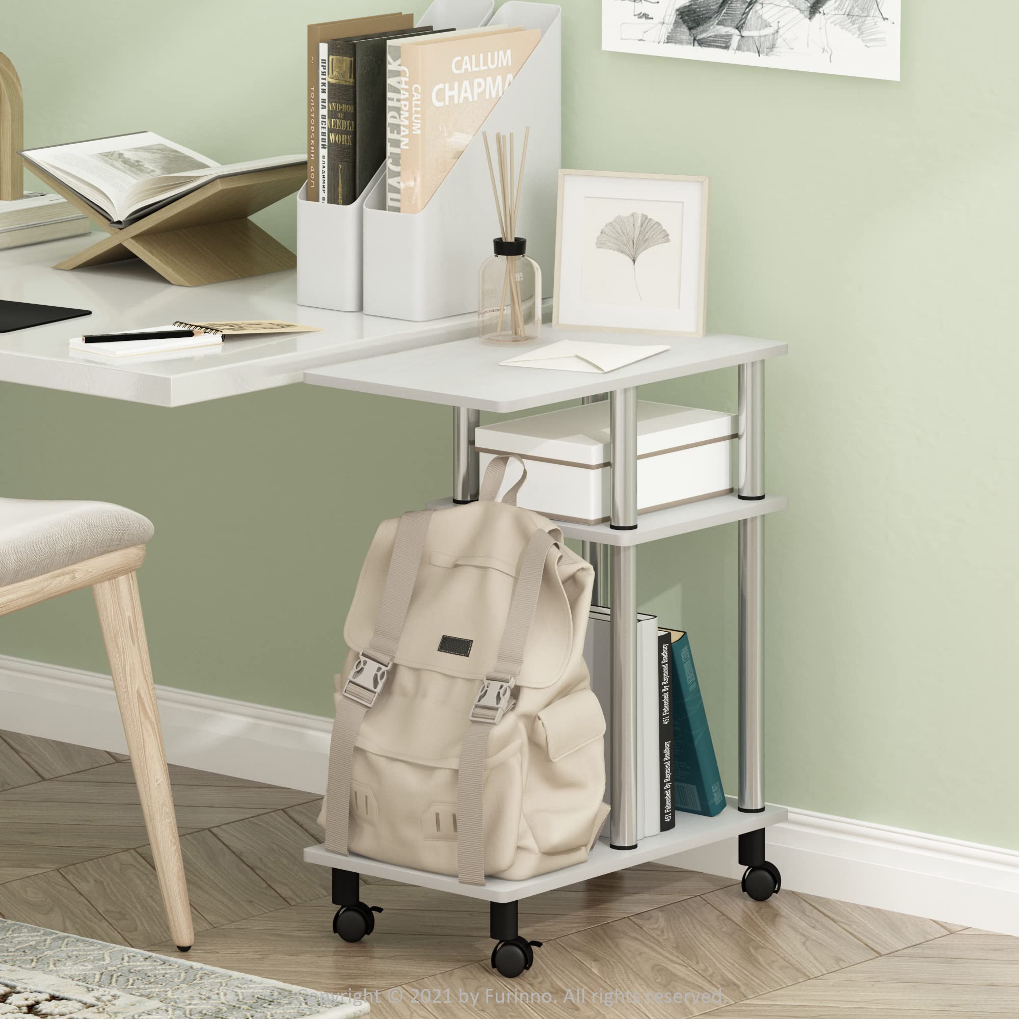 Furinno TURN-N-TUBE Side Table, 3-Tier C-Shape End Table with Wheels, Toolless Assembly Night Stand, Bedside Table with Open Shelf, for Living Room