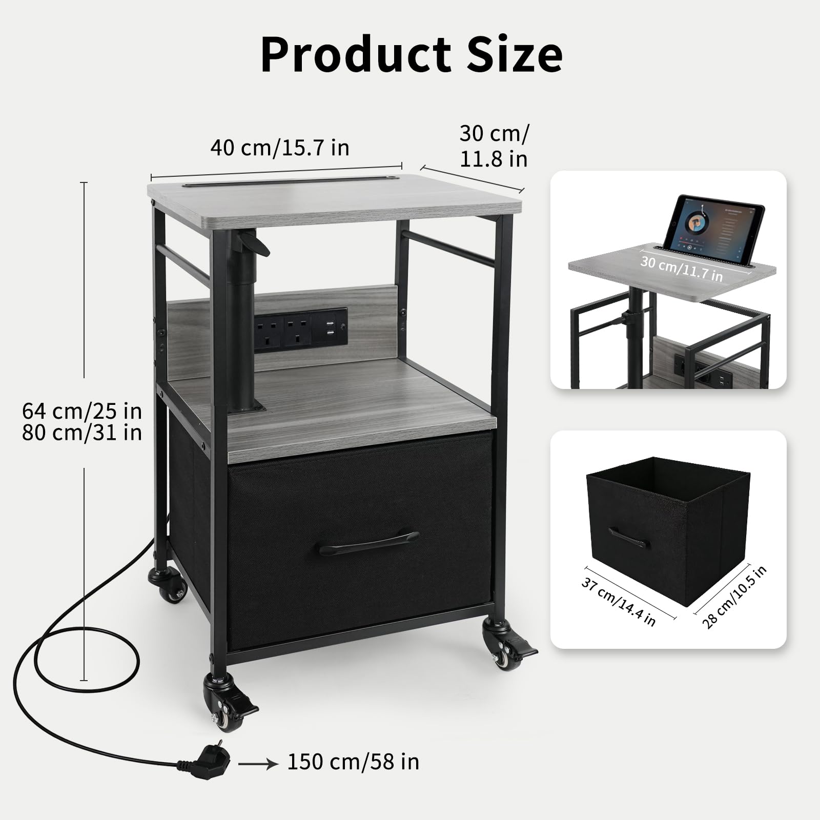 Bedside Table with Charging Station, Narrow Side Table on Wheels with Adjustable Swivel Top, Large Drawer Storage and 360° Rotating Tabletop
