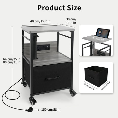 Bedside Table with Charging Station, Narrow Side Table on Wheels with Adjustable Swivel Top, Large Drawer Storage and 360° Rotating Tabletop