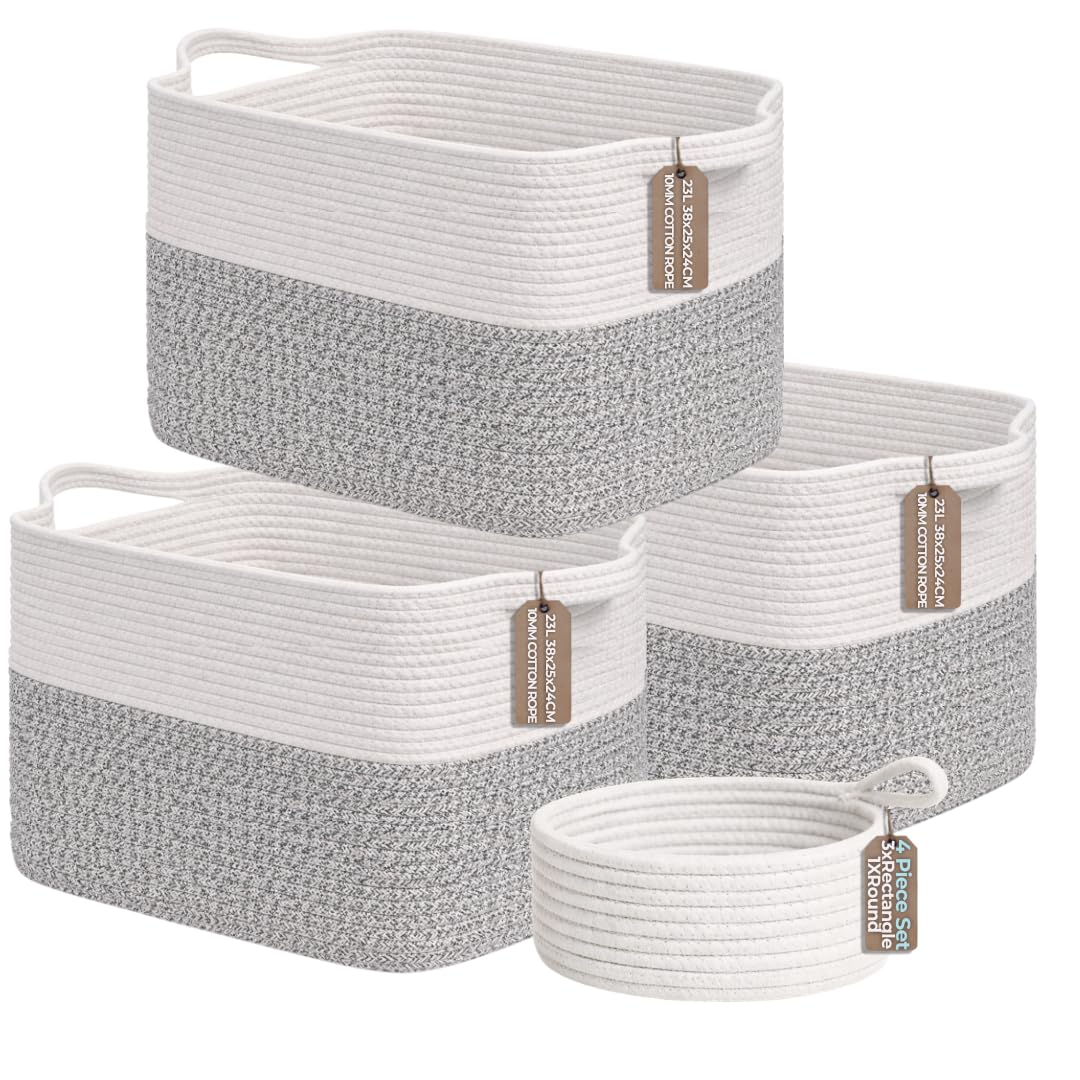 4pcs Cotton Rope Storage Basket Set, (3 Medium + 1 Small) Woven Baskets with Handles for Living Room, Bedroom, Bathroom & Nursery