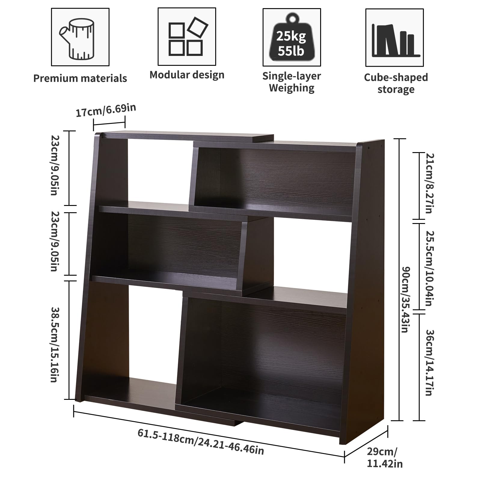 Aibiju Wooden Expandable Bookcase, 3-Tier Storage Shelf with 6 Compartments, Freestanding Storage Shelf, Modern Style,for Small Space or Corner
