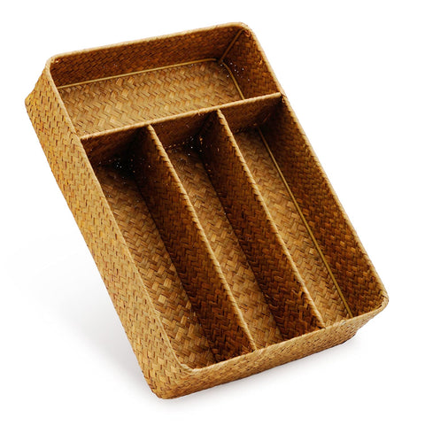 DECRAFTS Seagrass Storage Basket with Compartments Utensil Tray for Organization Silverware Flatware Rectangular Shelf Baskets with 4 Sections Natural