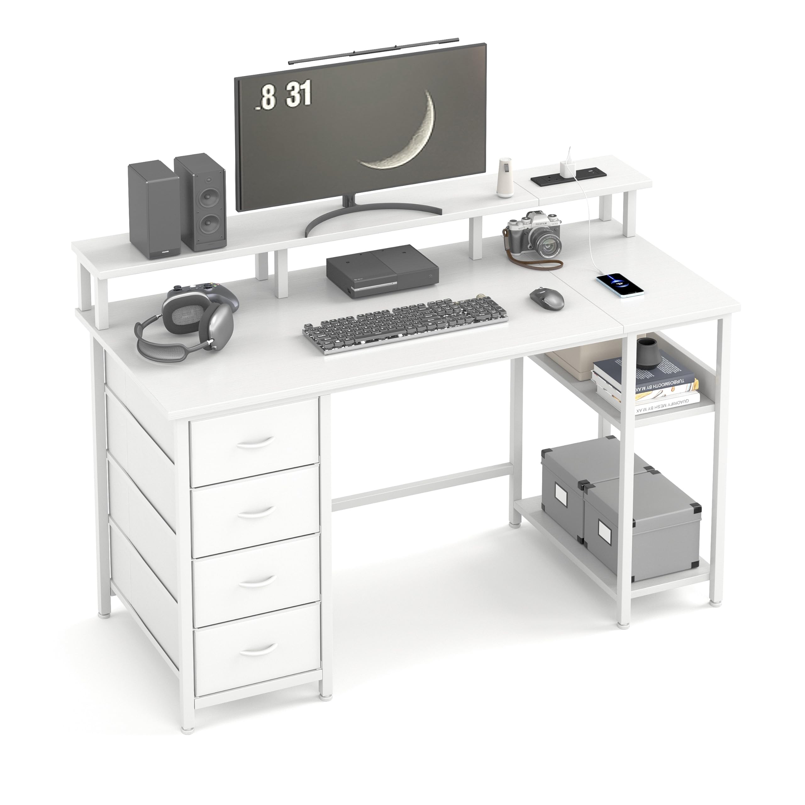 MUTUN 120cm Computer Desk with 4 Fabric Drawers, Home Office Desk with Power Outlets & USB Type-C Port