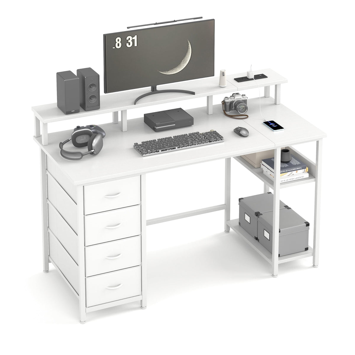 MUTUN 120cm Computer Desk with 4 Fabric Drawers, Home Office Desk with Power Outlets & USB Type-C Port