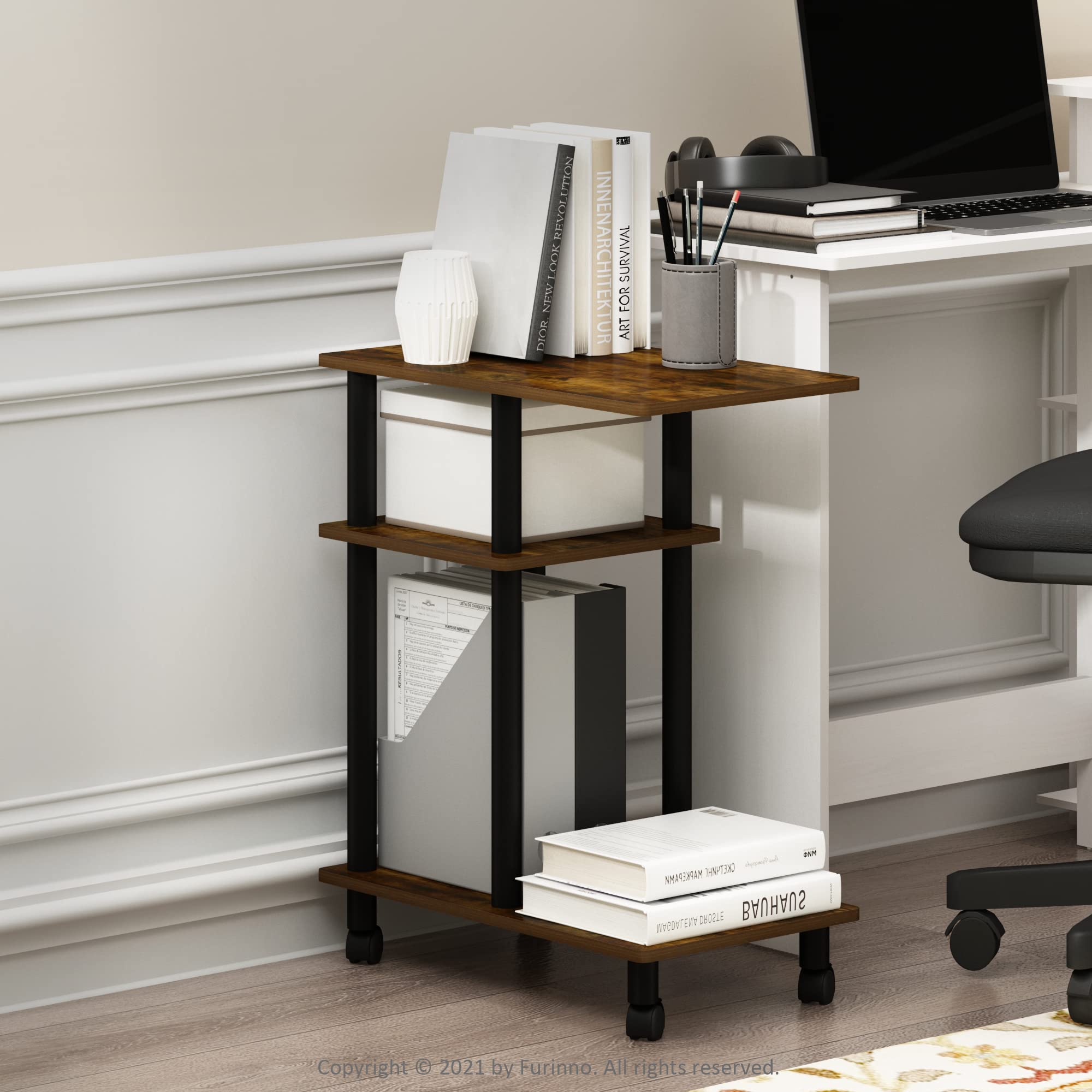 Furinno TURN-N-TUBE Side Table, 3-Tier C-Shape End Table with Wheels, Toolless Assembly Night Stand, Bedside Table with Open Shelf, for Living Room