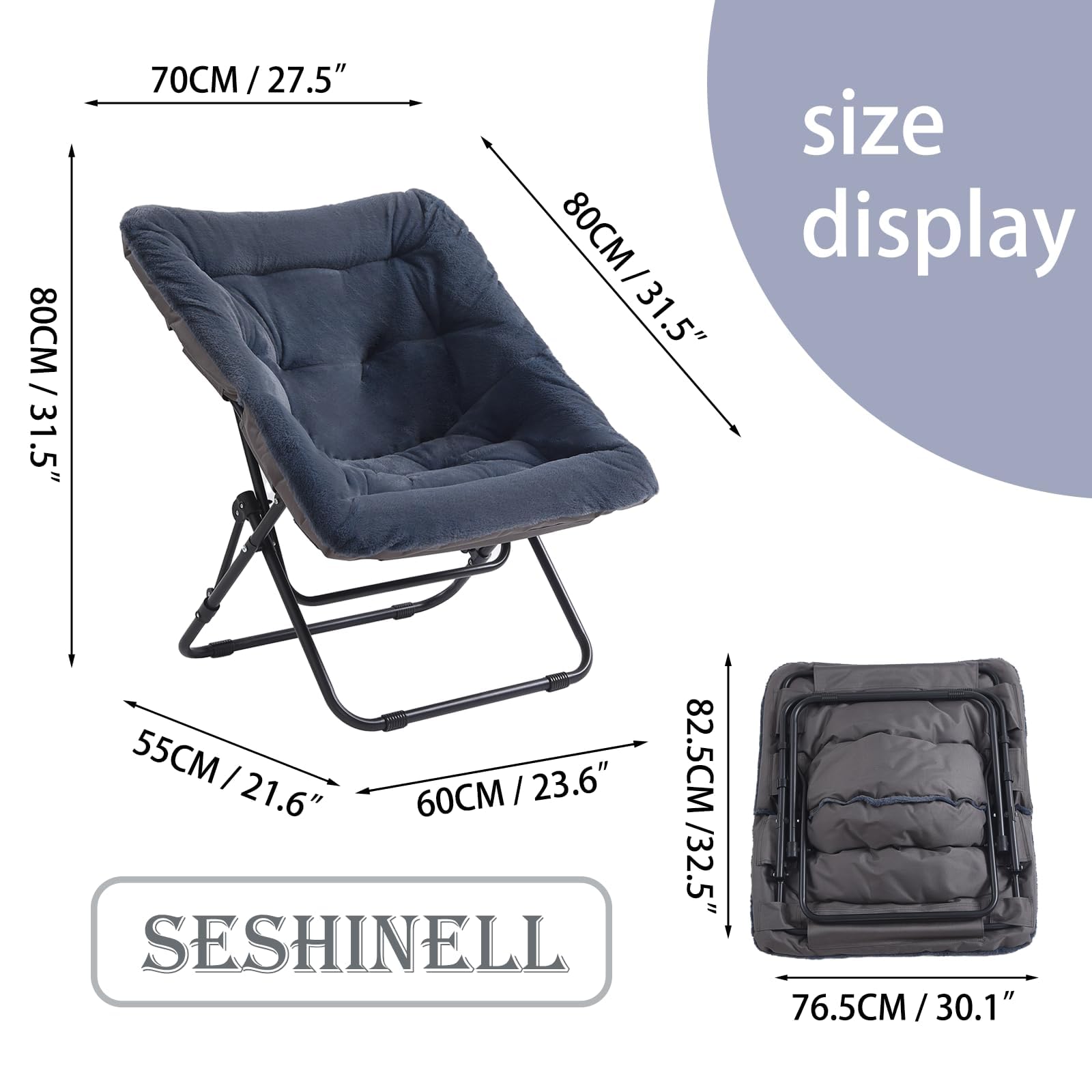 SESHINELL Comfy Saucer Chair, Oversized Foldable Faux Fur Accent Lounge Reading Lazy Chair with Metal Frame for Bedroom, Living Room, Dorm Rooms, Navy