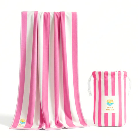 Beach Master Large Microfibre Beach Towel for Adults – Quick Dry & Sand Free Lightweight Travel Towel with Carry Bag, 160 x 80cm – Pink Stripe