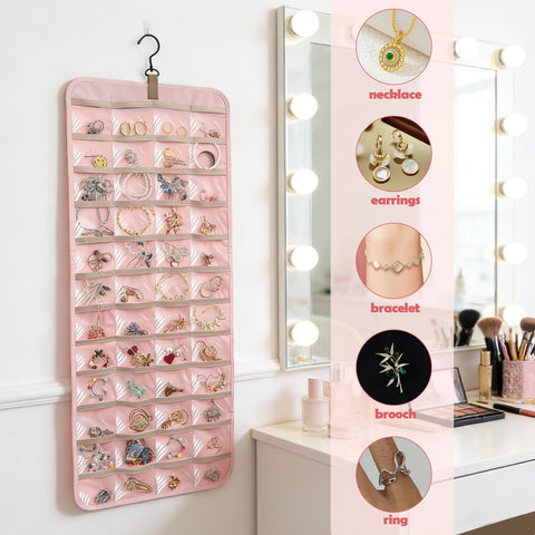 Jewelry Organizer Hanging, Dual-sided Hanging Jewelry Organizer Holder with Metal Hooks, 36 Pockets 3 Wave-Shaped Hooks