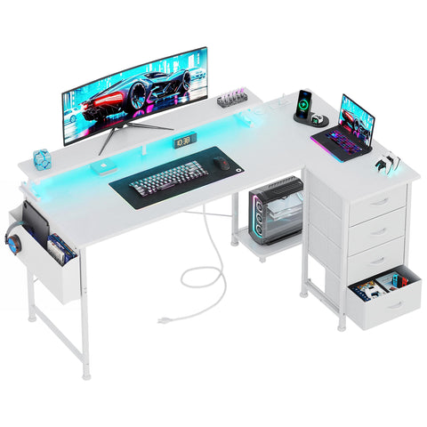 VERMESS Corner Desk with 4 Drawers, L Shaped Computer Desk with LED Lights & Power Outlets