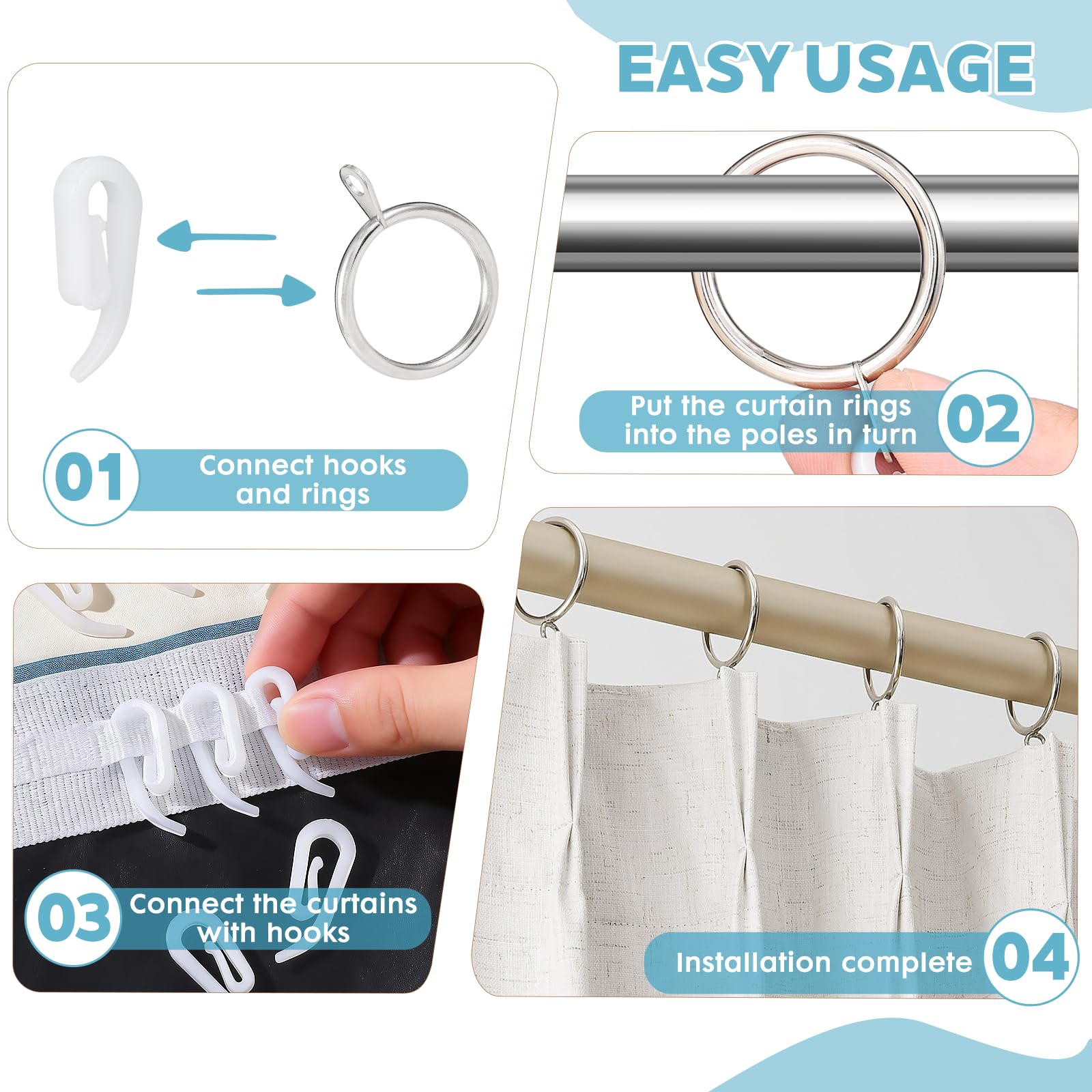 24 Pieces silver metal curtain rings and 24 Pieces white plastic Curtain Hooks for curtains (30mm internal diameter)
