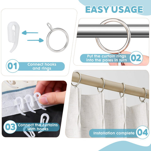 24 Pieces silver metal curtain rings and 24 Pieces white plastic Curtain Hooks for curtains (30mm internal diameter)