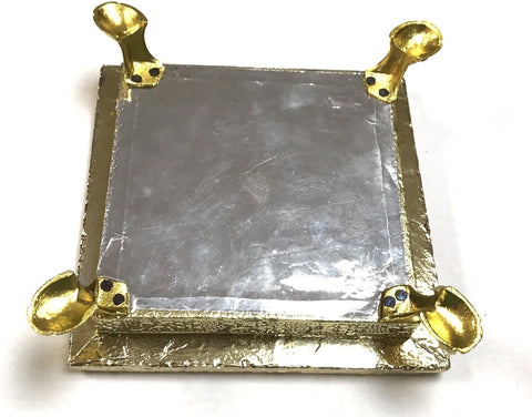 AARNAV 6" x 6" Handcrafted Low Table Bajath Bajot Chowki For God Temple or Lamp or Vase or Hindu Puja Brass Minakari Table (Brass Minakari 6"x6")