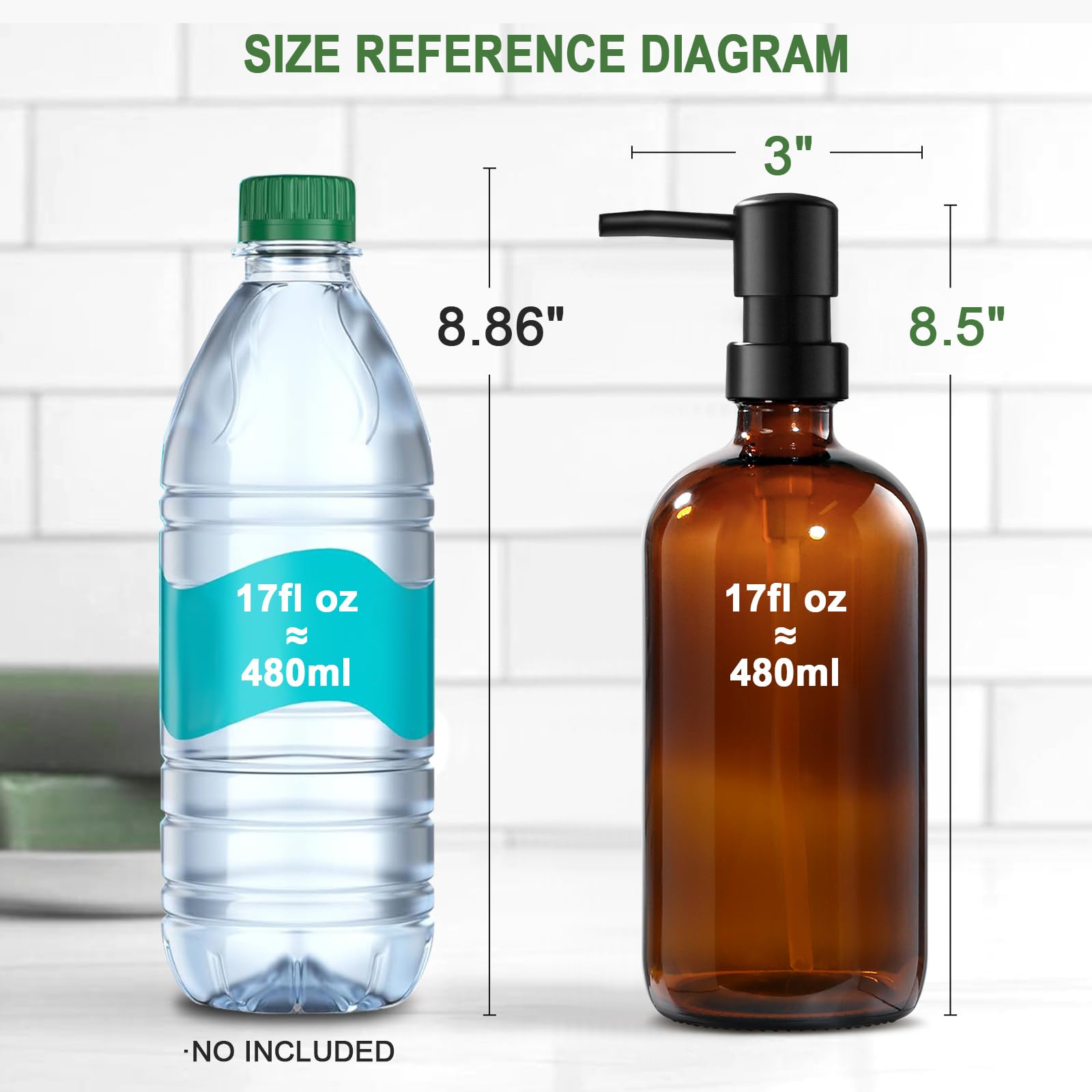 Hand Soap Dispenser,500ml Brown Glass Soap Dispensers, Washing Up Liquid Dispenser, Amber Glass Soap Dispensers Bottle with Pump And Label