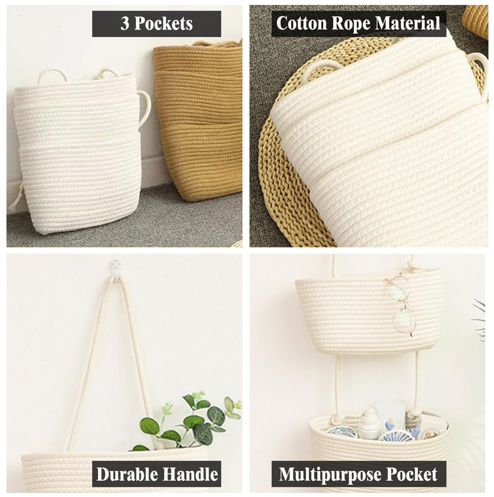 AARAINBOW Wall Hanging Cotton Baskets, Large 3 Tier Decorative Hanging Baskets for Wall Door, Boho Nursery Wall Basket for Organizing