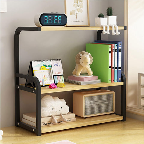 Numjeg Desktop Wood Bookshelf 3-Tier Rack Black Metal Frame Supplies Open Storage Shelf Big Bookcase Organizer Shelf for Top of Desk and Dresser