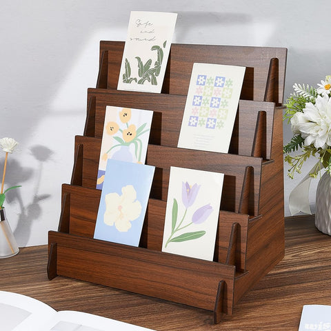 DICOSMETIC 4-Tier Greeting Card Display Stand Wooden Sticker Display Stand Card Stands 35x23.6x35cm Jewelry Organizer Holder Brown Earring Display