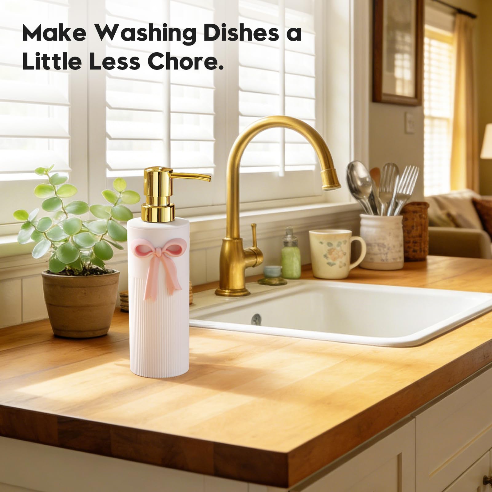 White Soap Dispenser with Decorative Pink Bow Hand Soap Dispenser for Sink