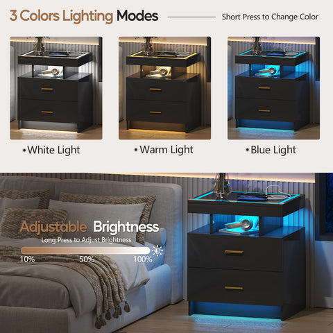 Gurexl LED Bedside Table with Glass Top and Wireless charging,Black