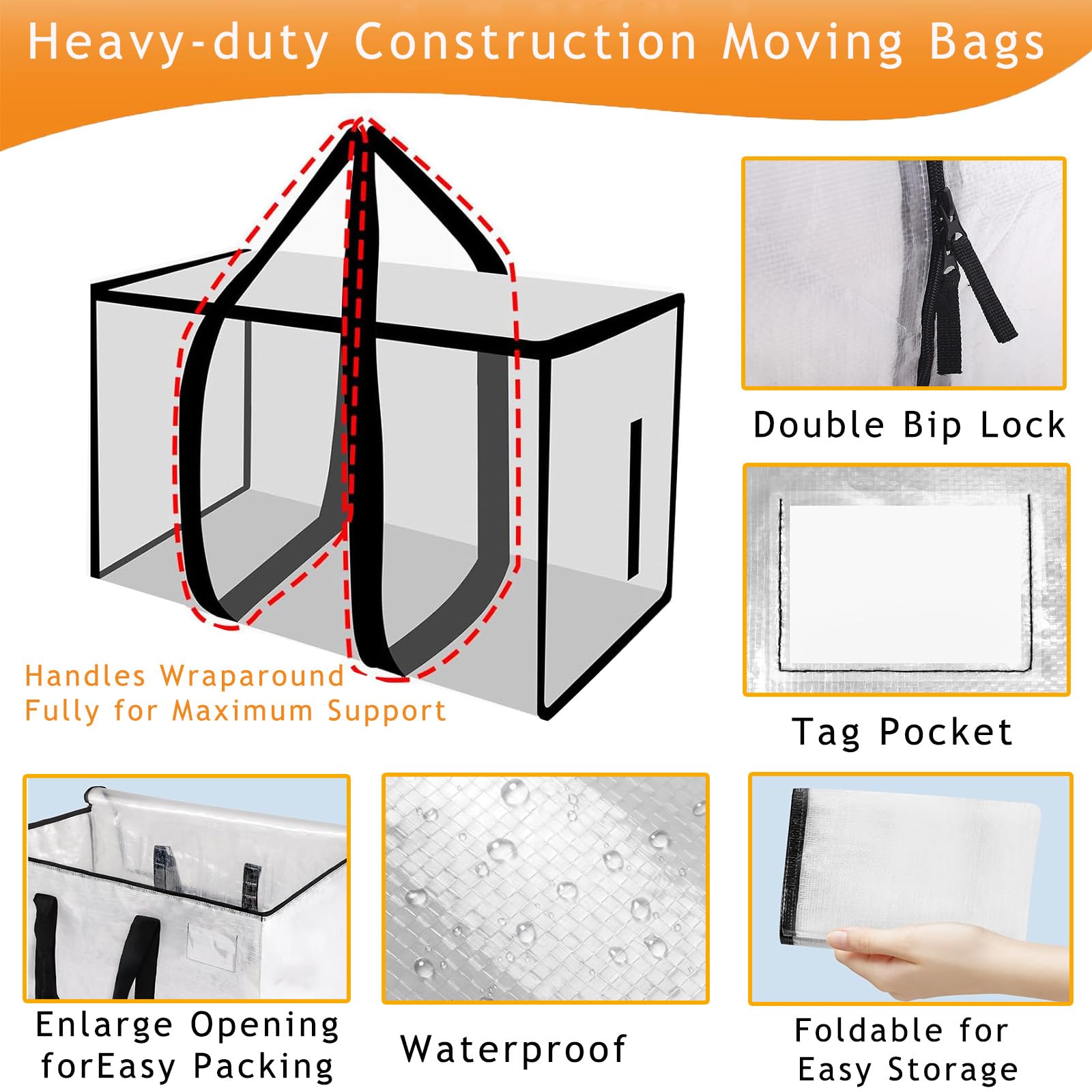 Clothes Storage Bags with Lids, 6 Pack Heavy-Duty Moving Bags for Moving, Clothes Storage, Laundry Bag, Packing, House Solutions（Transparent ）