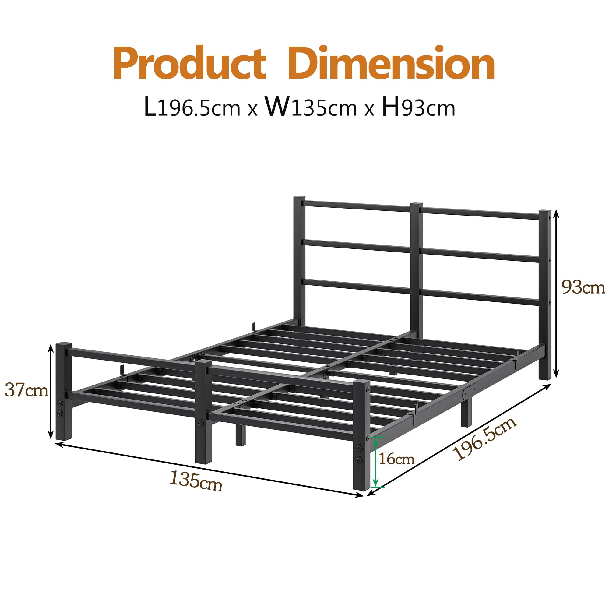 HAHRIR 16cm Low Profile 4ft6 Double Bed Frame with Metal Headboard, Black