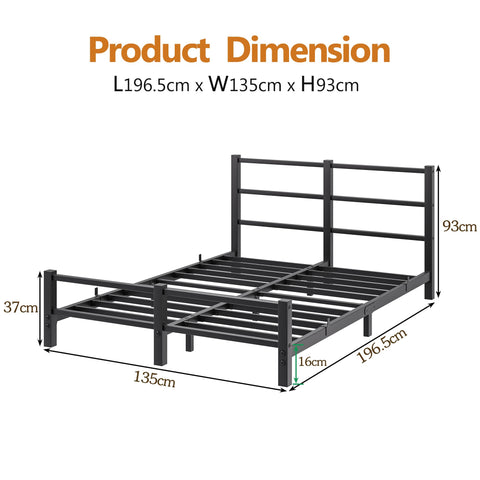 HAHRIR 16cm Low Profile 4ft6 Double Bed Frame with Metal Headboard, Black