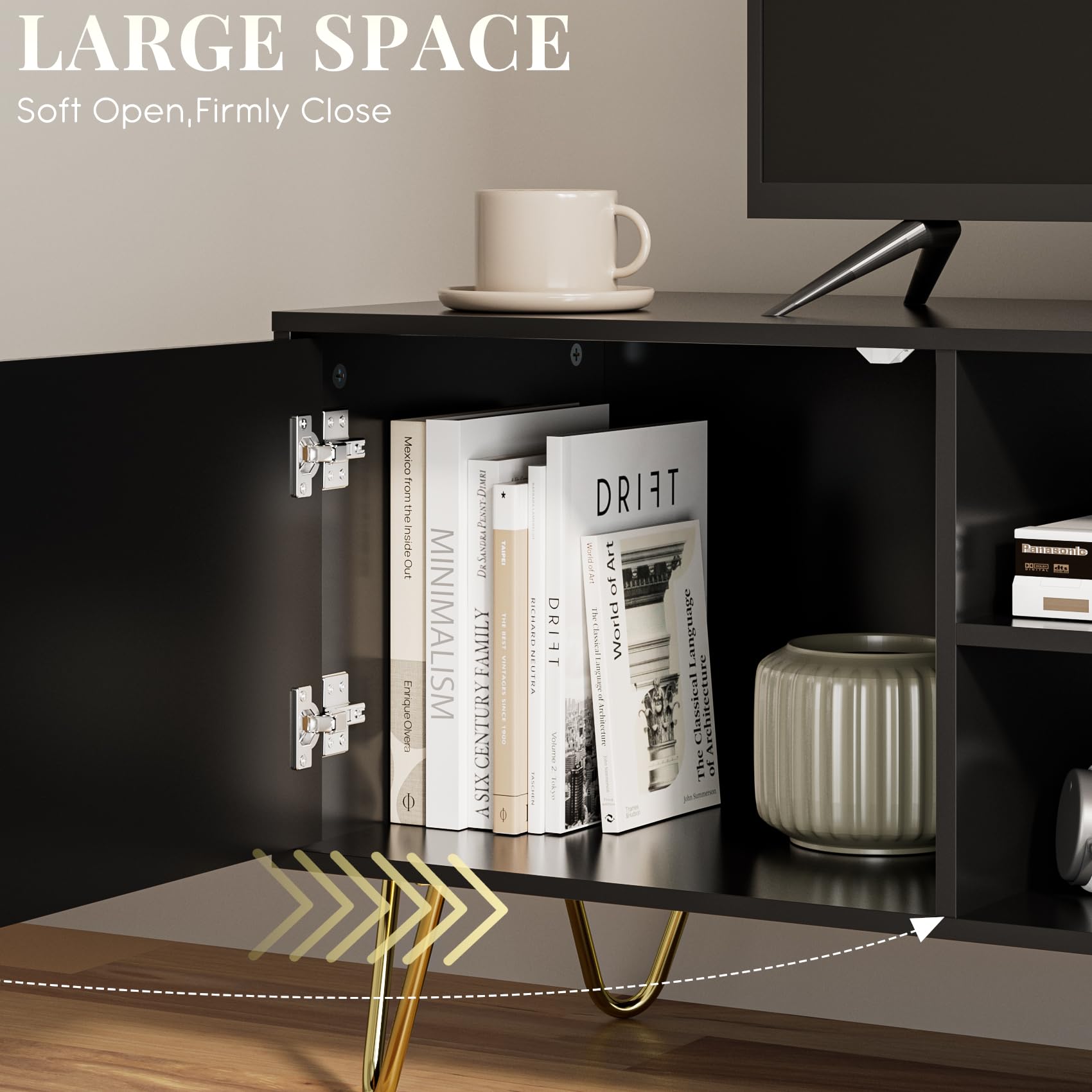 HEYZOEY Wood TV Stand for up to 65 Inch TV, 137cm TV Unit with 2 Cabinets and Open Shelves