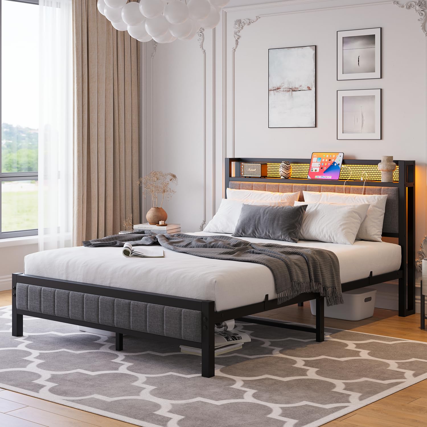 MOFLUT 4ft6 Double Bed Frame with Storage Headboard, USB & LED Lights,Gray