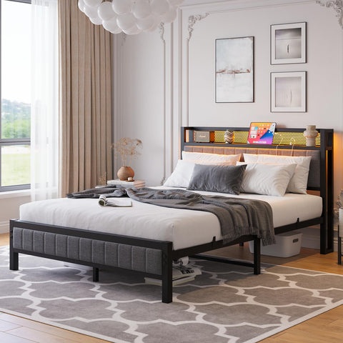 MOFLUT 4ft6 Double Bed Frame with Storage Headboard, USB & LED Lights,Gray