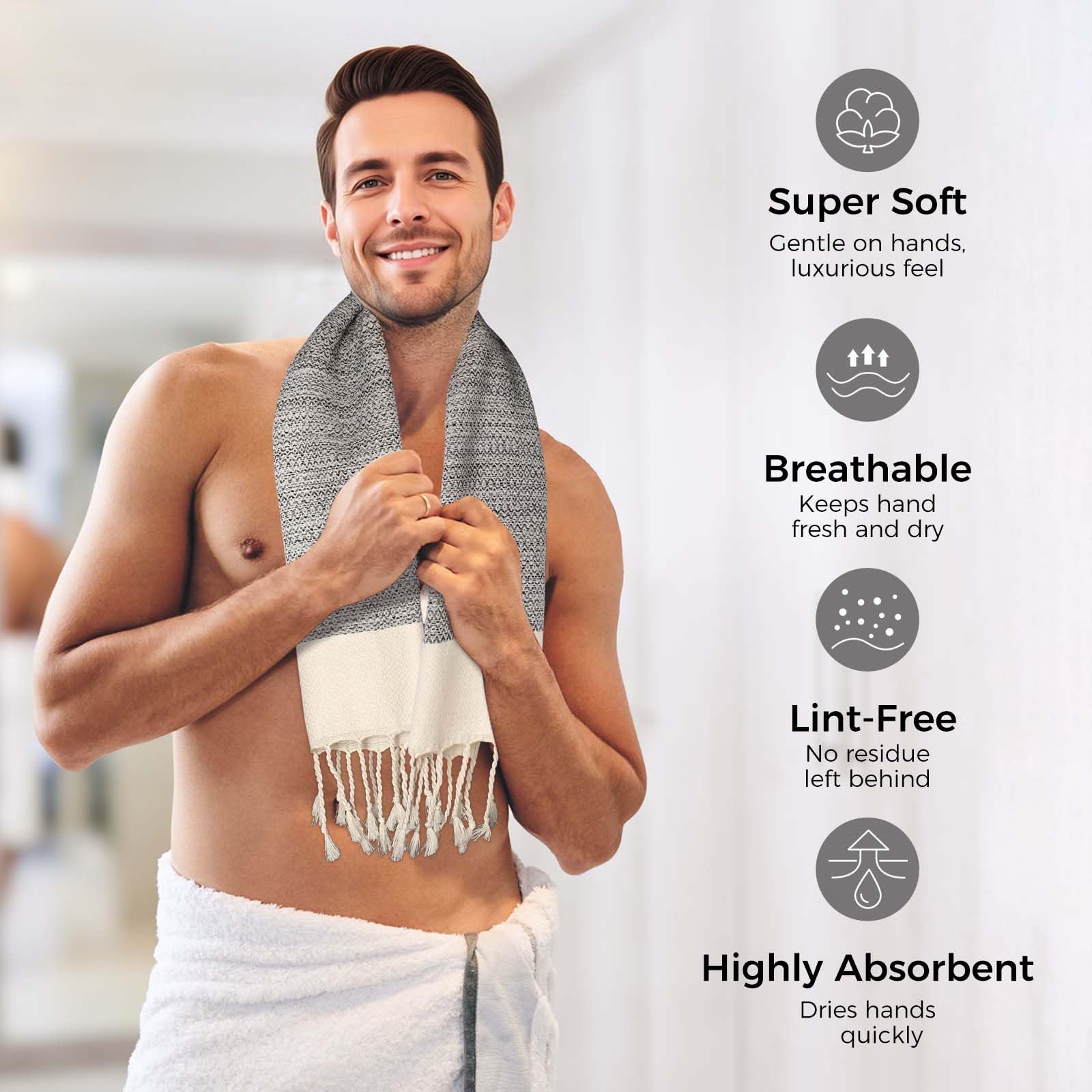 Ouxiaobai Hand Towels for Bathroom - Pack of 2 Turkish Hand Towels Set, Thin Decorative Tea Towel, 16x40 Inch Kitchen Cloth with Tassel