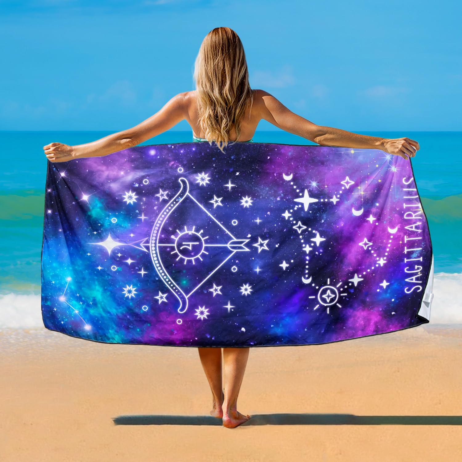 Violetpos Sagittarius Zodiac Sign Beach Towel for Astrology Fans, Extra Large 180x90 cm 250GSM Microfibre, Sand Free Quick Dry