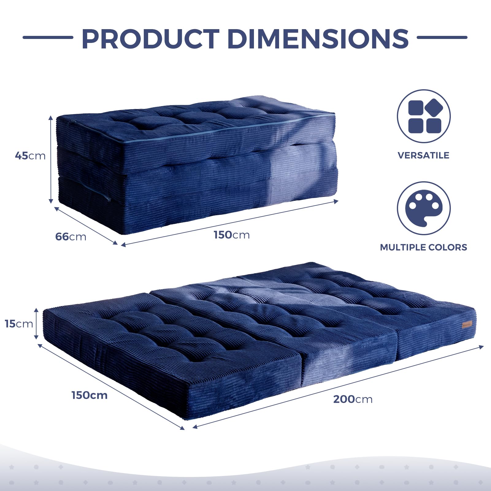 MAXYOYO Folding Mattress, Comfy Corduroy Foldable Mattress with 15cm Thicken Foam, Tri-Fold Floor Futon Sofa Bed for Guest,Dark blue,King