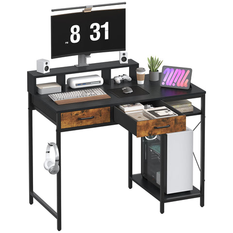 Feonase Ergonomic Computer Desk with Monitor Riser, 2 Under-Desk Drawers, CPU Stand & Hook – MDF Desktop for Home Office, Gaming & Study Black