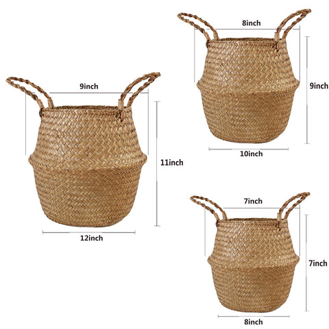 FEILANDUO Seagrass Belly Basket Woven Plant Pot with Handle, Natural Foldable Laundry Toy Storage Baskets for Shelves