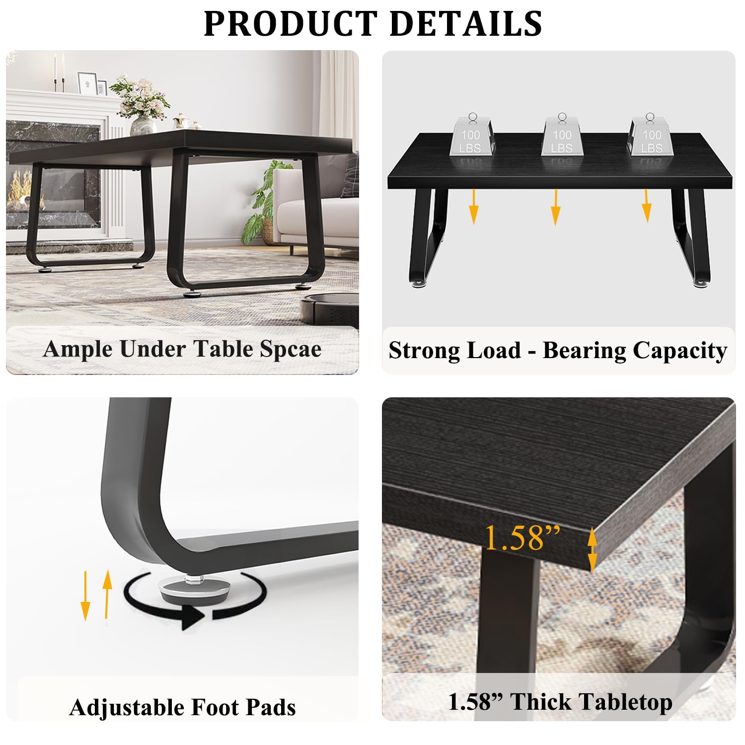 HSH Black Oak Coffee Table, 60D×120W×46.5H cm, Rustic Industrial Wooden Coffee Table for Living Room Bedroom Office