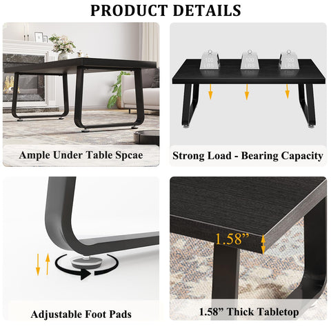 HSH Black Oak Coffee Table, 60D×120W×46.5H cm, Rustic Industrial Wooden Coffee Table for Living Room Bedroom Office