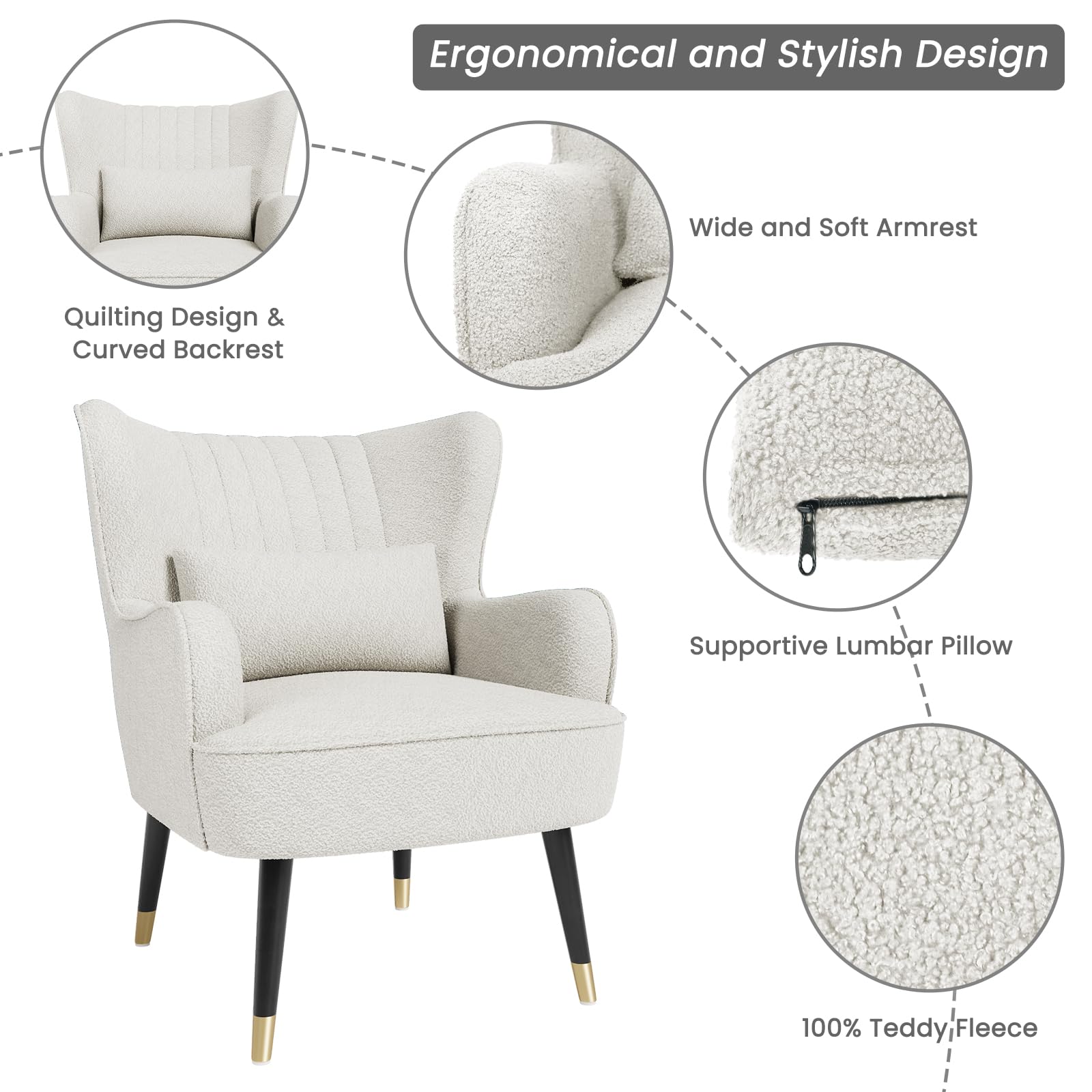 Vesgantti Teddy Accent Chair with Lumbar Pillow, Wing Back Large Armchair