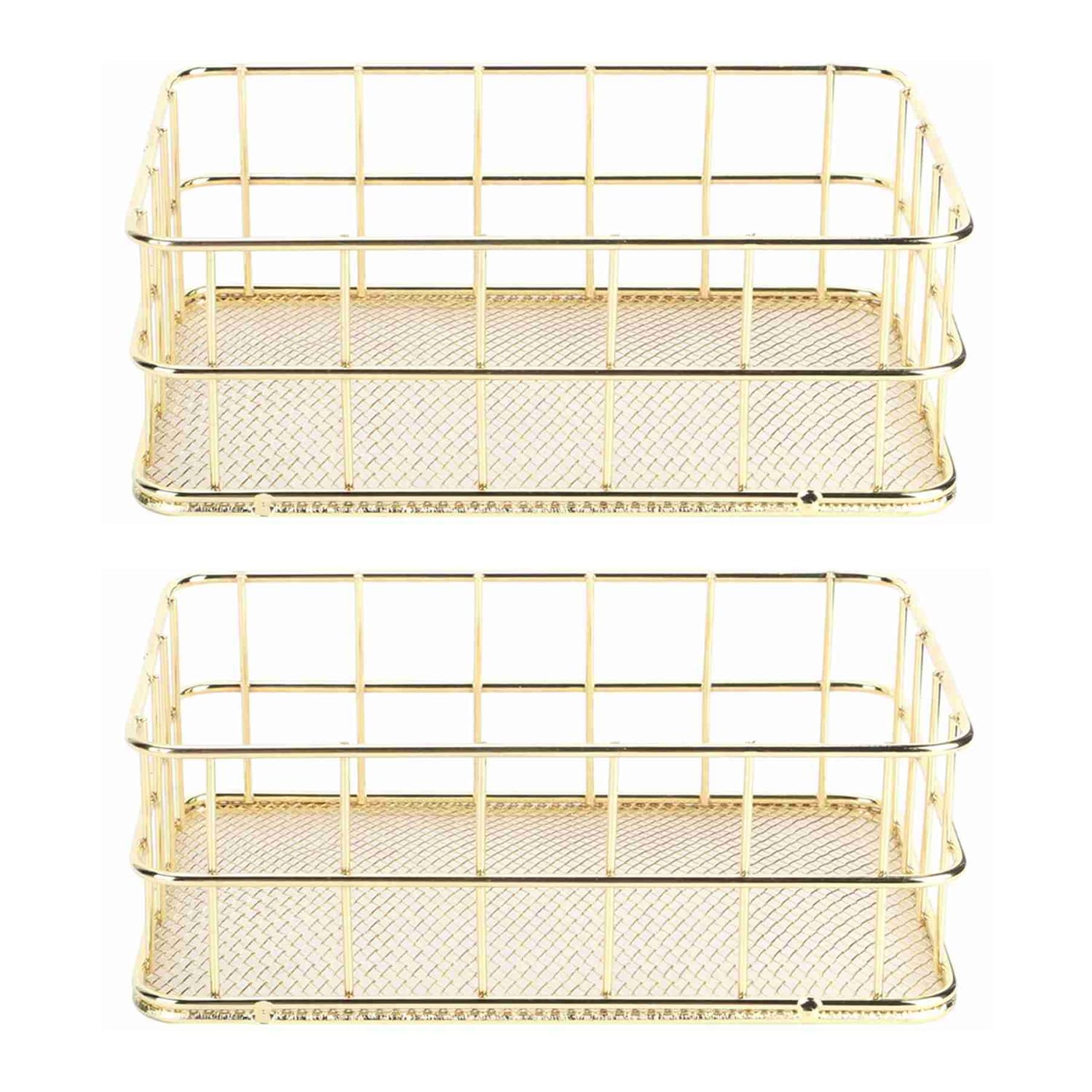 Hapivida 2 Pcs Wire Storage Basket, 17x12x6cm Golden Desktop Metal Storage Basket Iron Grid Storage Tray Net Organizer Bins for Kitchen, Pantry