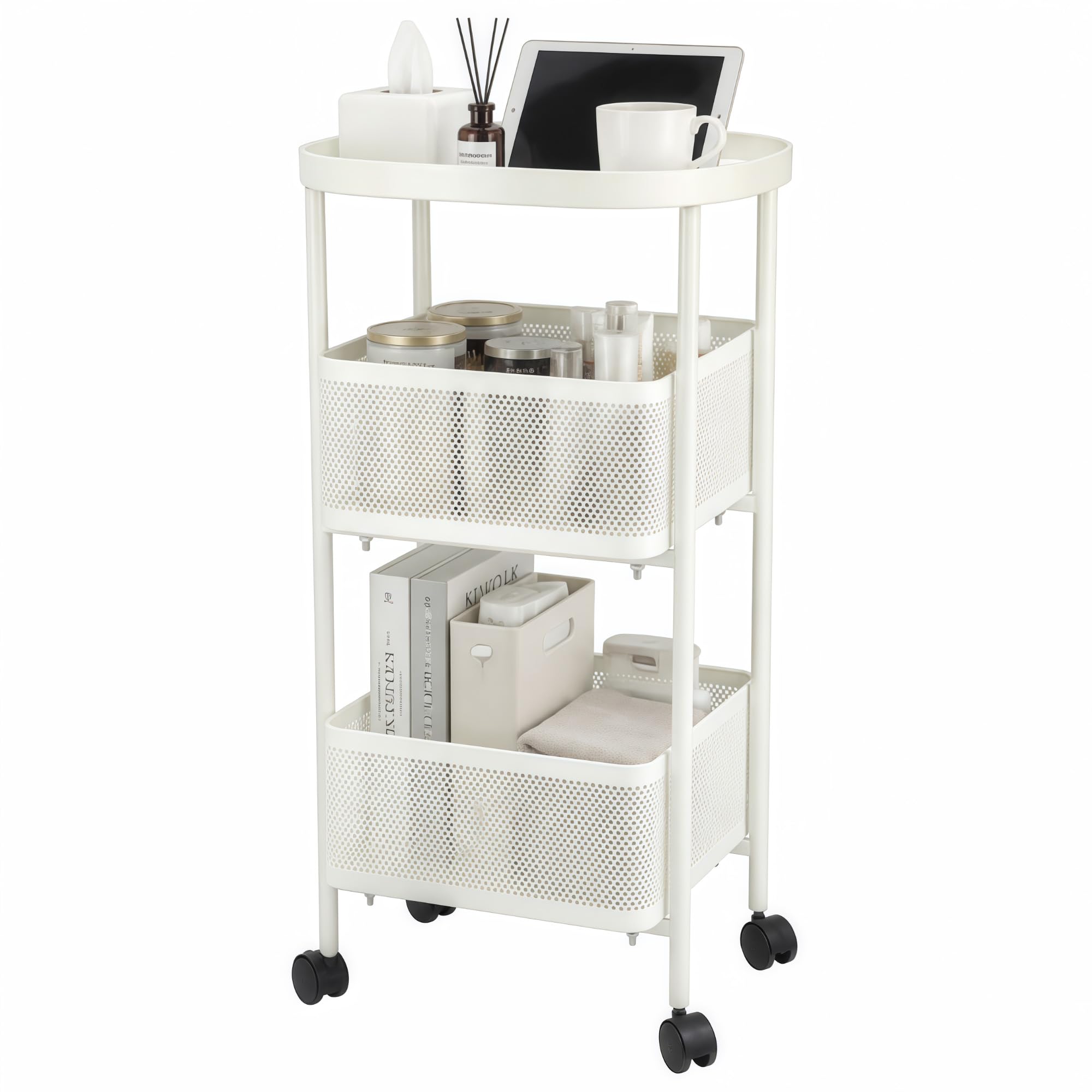 PLSOPPKG 3 Tier Rolling Cart, Metal Utility Storage Carts with Wheels, Craft Cart Organizer, Mesh Basket for Bedside Kitchen Office Art, Milky White