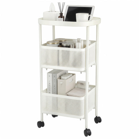 PLSOPPKG 3 Tier Rolling Cart, Metal Utility Storage Carts with Wheels, Craft Cart Organizer, Mesh Basket for Bedside Kitchen Office Art, Milky White