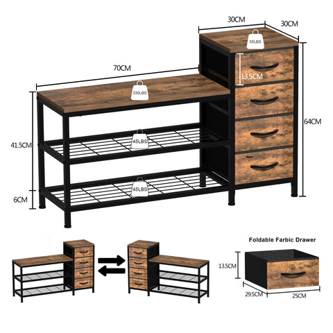 Welfuturer 3-Tier Shoe Storage Bench with 4 Fabric Drawers and Seat, Industrial Shoe Rack Cabinet with Shoe Shelf Storage for Hallway, Entryway