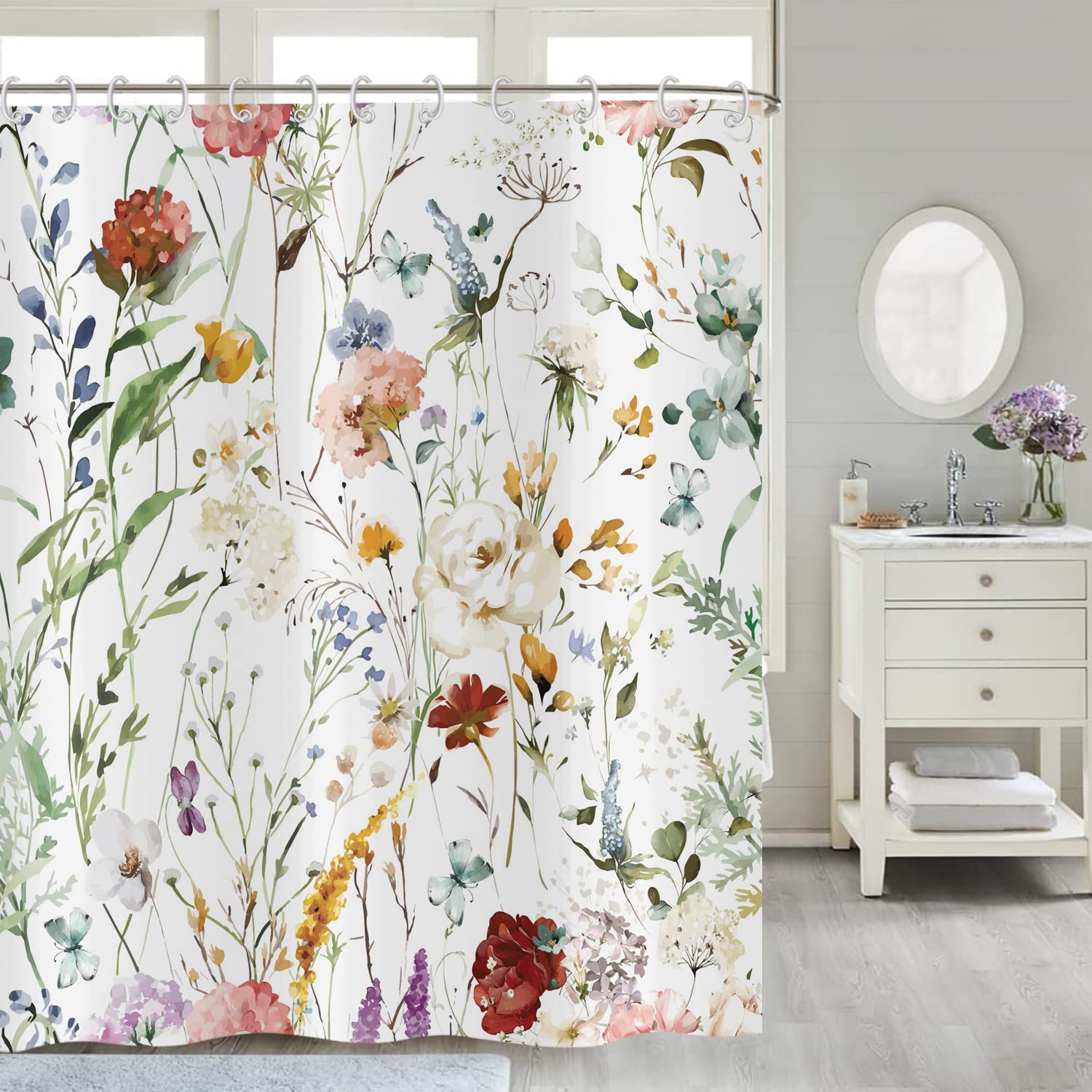Hnmdmyi Floral Shower Curtain 180x180, Watercolor Colorful Flower Plant Butterfly Wildflowers Blossom Bathroom Curtains with Hooks Waterproof