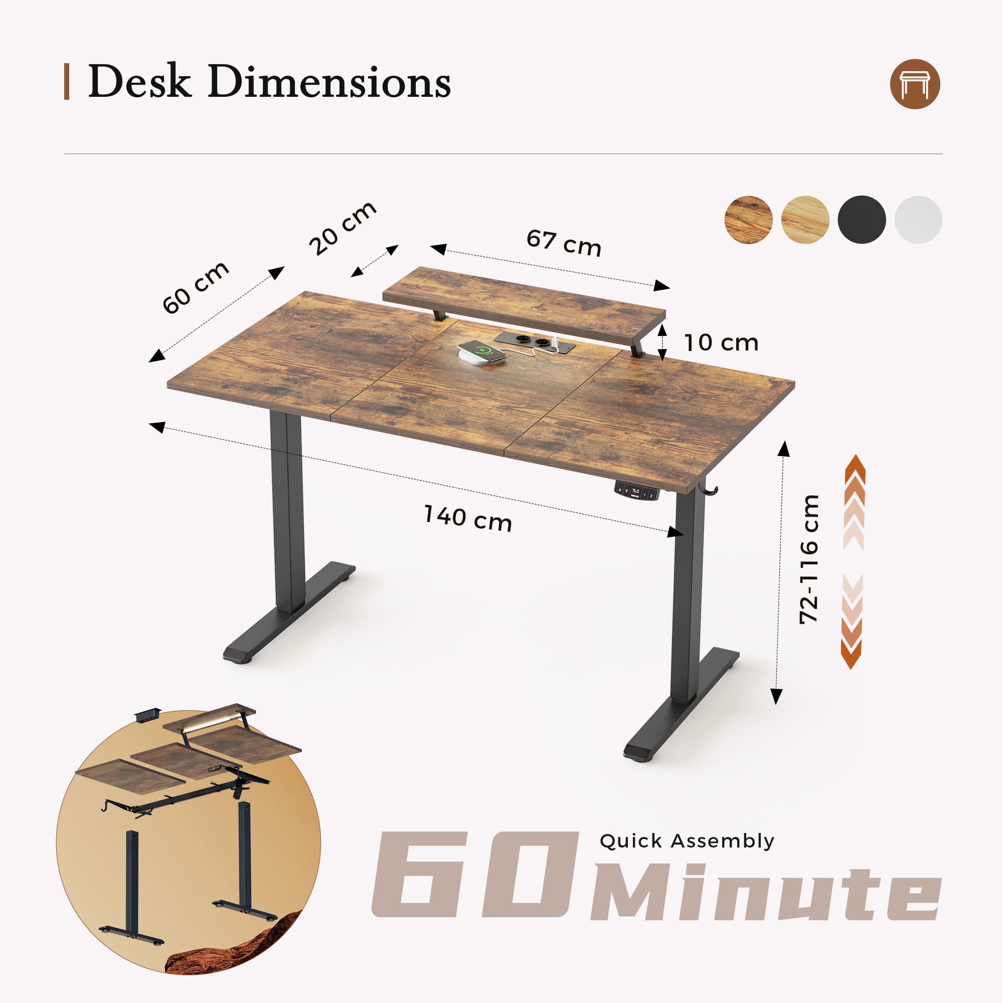 Klicelor Electric Standing Desk, Led & Plug, Movable Monitorstand, 140x60